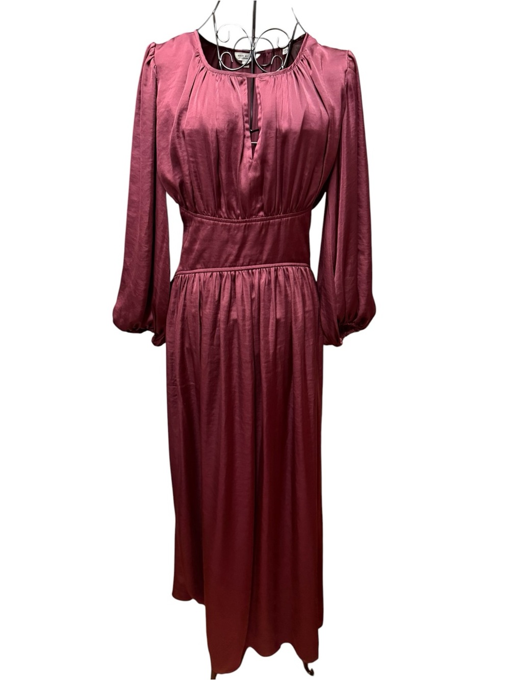 Long Sleeve Satin Goth Burgundy Empire Maxi Dress Small